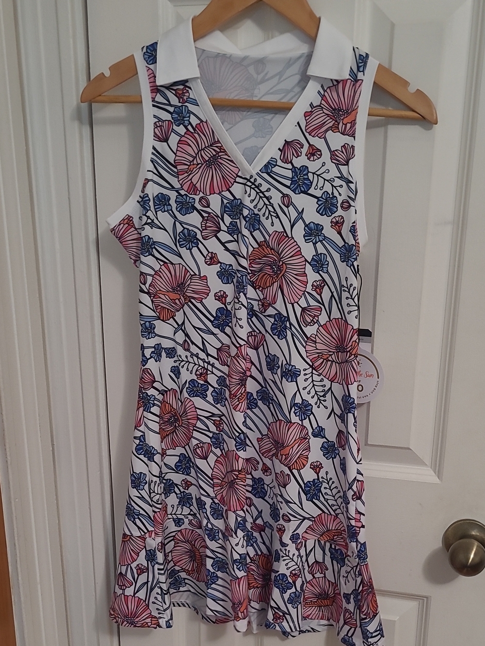 Tail Floral Collared V-Neck Mini Dress - White with Pink & Blue Flowers